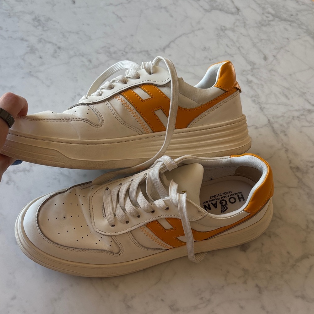 Hogan White Leather Sneakers with Yellow Heel and Logo